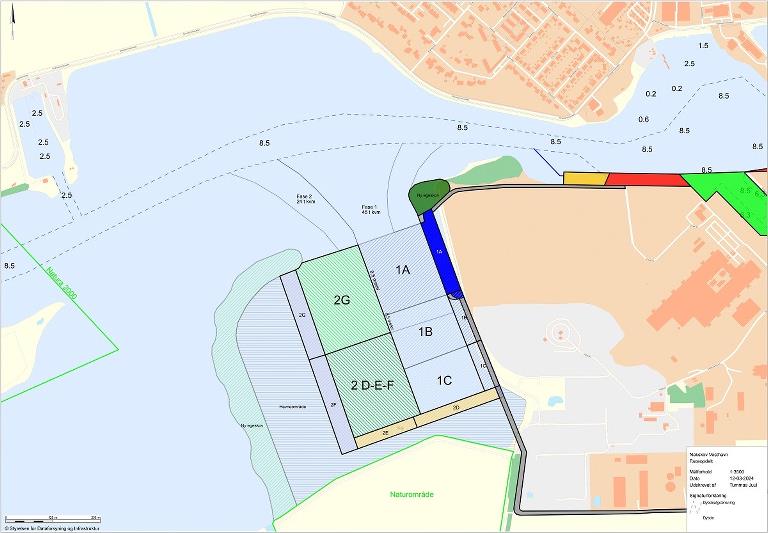Kort med visualisering hvorledes Nakskov Vesthavn i etaper kan udvides